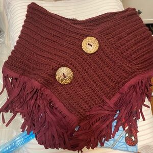 Burgundy Knit 🧣 scarf Poncho with Fringe and Buttons